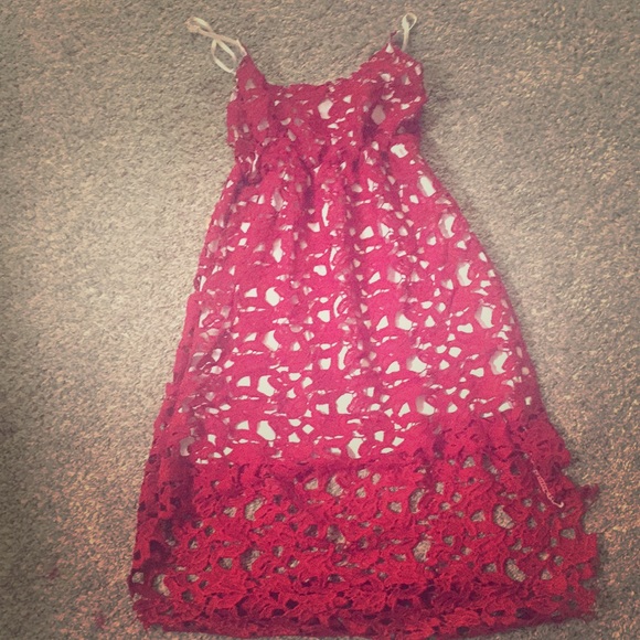 red/maroon asymmetrical dress w/ white sheer - Picture 1 of 1